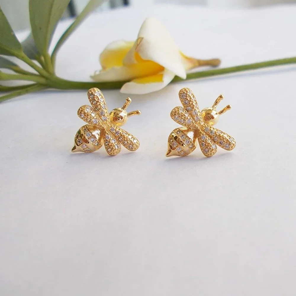 14k Gold Queen Bee Diamonds Stud Earrings Sterling Silver - Picture 4 of 12